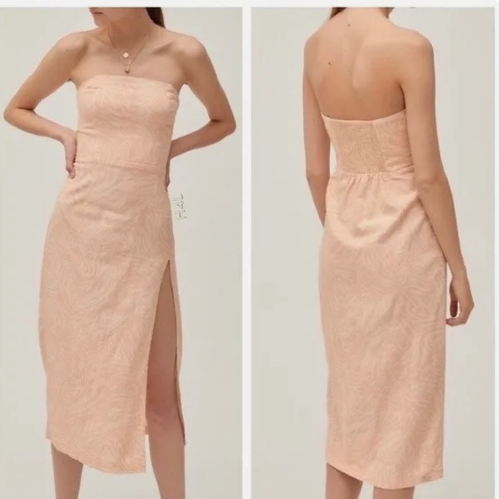 NWT UO Urban Outfitters Dress Strapless‎ Large Peach Linen Blend High Slit